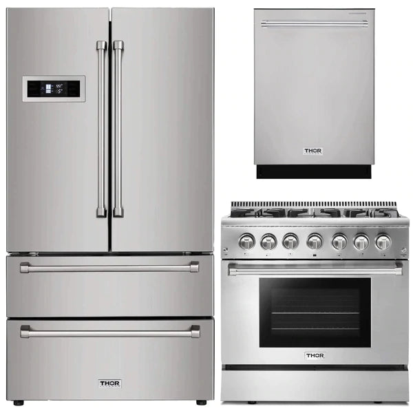 Thor Kitchen 3-Piece Pro Appliance Package - 36" Dual Fuel Range, Dishwasher & Refrigerator in Stainless Steel