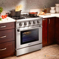 Thor Kitchen Package - 30 In. Propane Gas Burner/Electric Oven Range, Range Hood, Refrigerator with Water and Ice Dispenser, Dishwasher, Wine Cooler