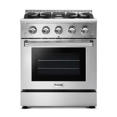 Thor Kitchen Package - 30 In. Propane Gas Range, Range Hood, Refrigerator with Water and Ice Dispenser, Dishwasher