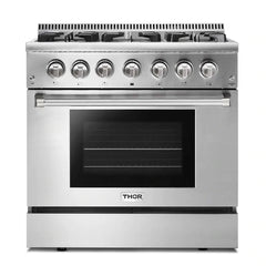 Thor Kitchen Appliance Package - 36 In. Propane Gas Burner/Electric Oven Range, Range Hood, Dishwasher, Refrigerator with Water and Ice Dispenser