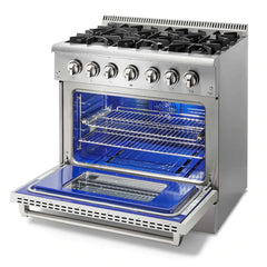 Thor Kitchen Package - 36 in. Propane Gas Burner/Electric Oven Range, Range Hood, Microwave Drawer, Refrigerator, Dishwasher