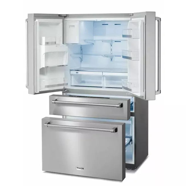 Thor Kitchen 4-Piece Appliance Package - 24-Inch Electric Range, Refrigerator with Water Dispenser, Under Cabinet Hood, & Dishwasher in Stainless Steel