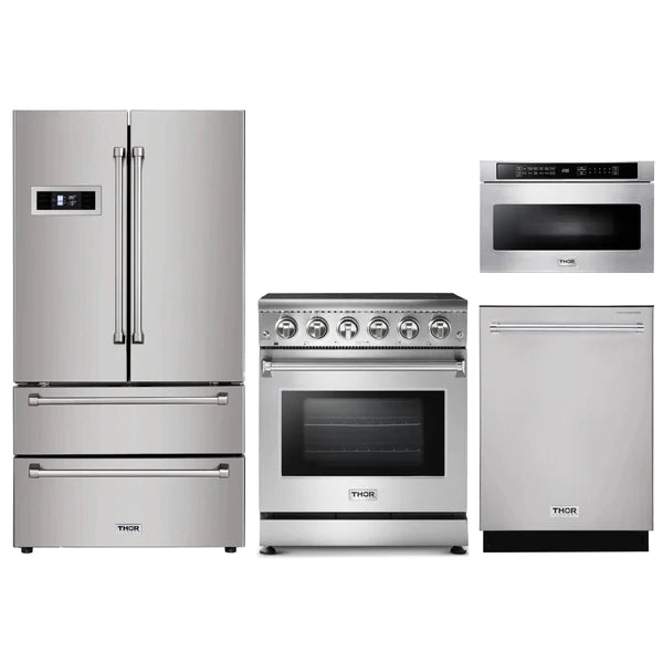 Thor Kitchen 4-Piece Appliance Package - 30" Electric Range, French Door Refrigerator, Dishwasher, and Microwave Drawer in Stainless Steel