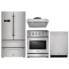 Thor Kitchen 4-Piece Appliance Package - 30" Electric Range, French Door Refrigerator, Under Cabinet Hood, and Dishwasher in Stainless Steel