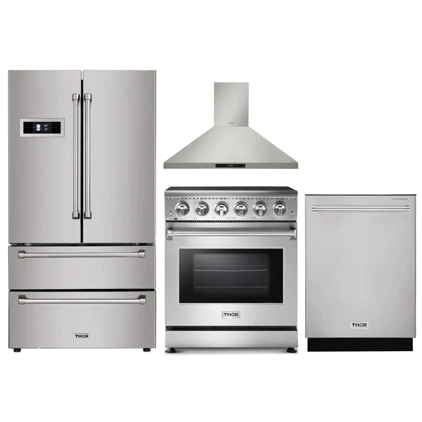 Thor Kitchen 4-Piece Appliance Package - 30" Electric Range, French Door Refrigerator, Wall Mount Hood, and Dishwasher in Stainless Steel