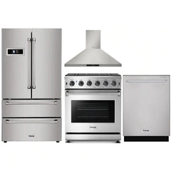 Thor Kitchen 4-Piece Appliance Package - 30" Gas Range, French Door Refrigerator, Wall Mount Hood, and Dishwasher in Stainless Steel