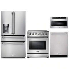 Thor Kitchen 4-Piece Appliance Package - 30-Inch Electric Range, Refrigerator with Water Dispenser, Dishwasher, & Microwave Drawer in Stainless Steel