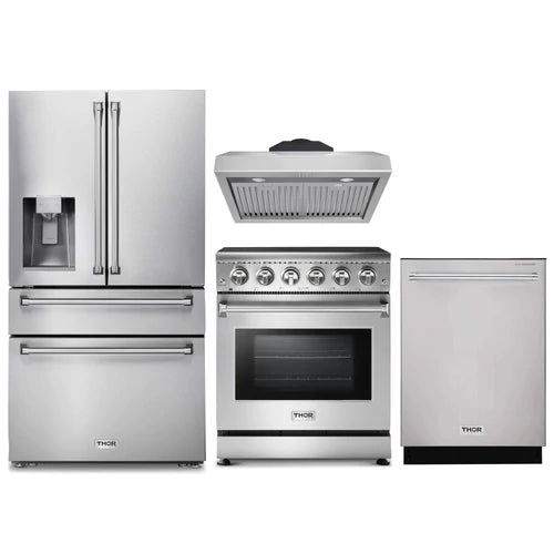 Thor Kitchen 4-Piece Appliance Package - 30-Inch Electric Range, Refrigerator with Water Dispenser, Under Cabinet Hood, & Dishwasher in Stainless Steel
