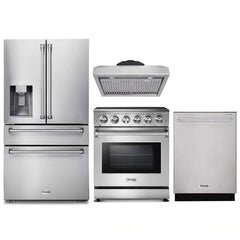 Thor Kitchen 4-Piece Appliance Package - 30-Inch Electric Range, Refrigerator with Water Dispenser, Under Cabinet Hood, & Dishwasher in Stainless Steel