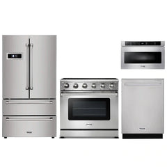 Thor Kitchen 4-Piece Appliance Package - 36" Electric Range, French Door Refrigerator, Dishwasher, and Microwave Drawer in Stainless Steel
