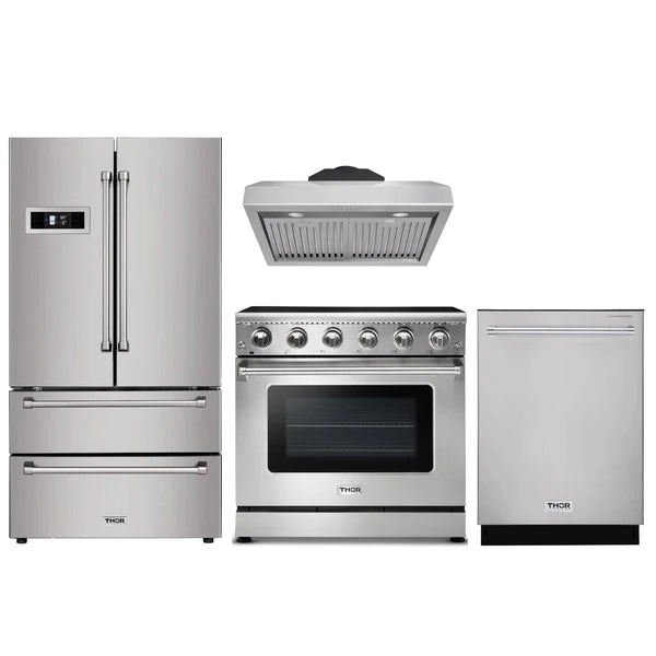 Thor Kitchen 4-Piece Appliance Package - 36" Electric Range, French Door Refrigerator, Under Cabinet Hood, and Dishwasher in Stainless Steel