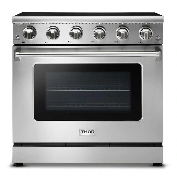 Thor Kitchen 4-Piece Appliance Package - 36" Electric Range, French Door Refrigerator, Under Cabinet Hood, and Dishwasher in Stainless Steel