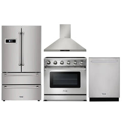 Thor Kitchen 4-Piece Appliance Package - 36" Electric Range, French Door Refrigerator, Wall Mount Hood, and Dishwasher in Stainless Steel