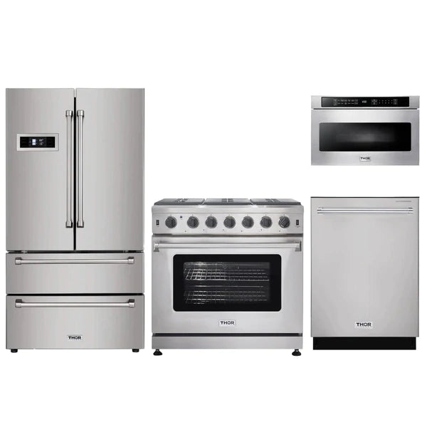 Thor Kitchen 4-Piece Appliance Package - 36" Gas Range, French Door Refrigerator, Dishwasher, and Microwave Drawer in Stainless Steel