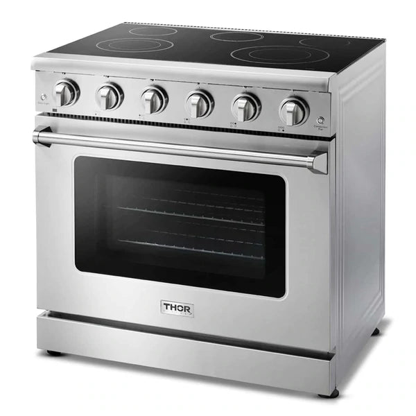 Thor Kitchen 4-Piece Appliance Package - 36-Inch Electric Range, Refrigerator with Water Dispenser, Dishwasher, & Microwave Drawer in Stainless Steel