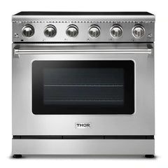 Thor Kitchen 4-Piece Appliance Package - 36-Inch Electric Range, Refrigerator with Water Dispenser, Wall Mount Hood, & Dishwasher in Stainless Steel