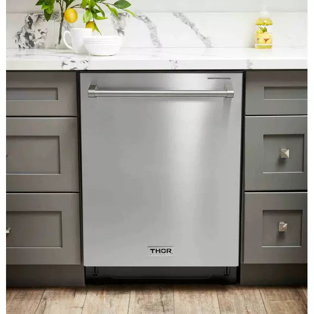 Thor Kitchen 4-Piece Appliance Package - 36-Inch Gas Range, Refrigerator with Water Dispenser, Dishwasher, & Microwave Drawer in Stainless Steel