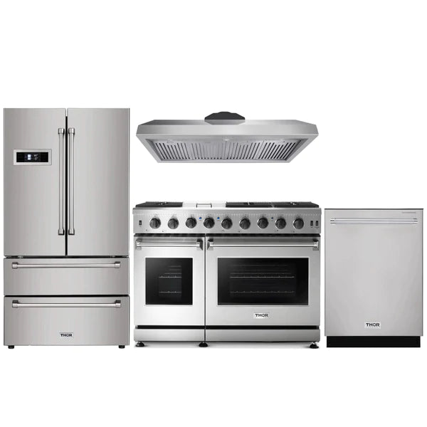 Thor Kitchen 4-Piece Appliance Package - 48" Gas Range, French Door Refrigerator, and Dishwasher in Stainless Steel