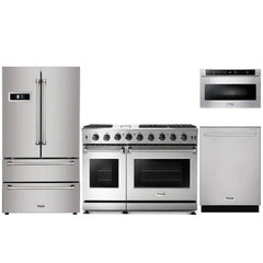 Thor Kitchen 4-Piece Appliance Package - 48" Gas Range, French Door Refrigerator, Dishwasher, and Microwave Drawer in Stainless Steel