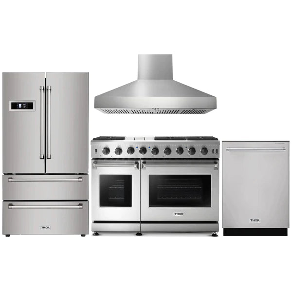Thor Kitchen 4-Piece Appliance Package - 48" Gas Range, Pro Wall Mount Hood, French Door Refrigerator, and Dishwasher in Stainless Steel