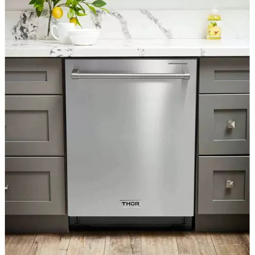 Thor Kitchen 4-Piece Appliance Package - 48-Inch Gas Range, Refrigerator with Water Dispenser, Dishwasher, & Microwave Drawer in Stainless Steel