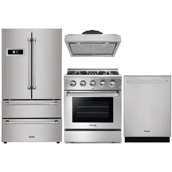 Thor Kitchen 4-Piece Pro Appliance Package - 30" Dual Fuel Range, French Door Refrigerator, Under Cabinet Hood and Dishwasher in Stainless Steel