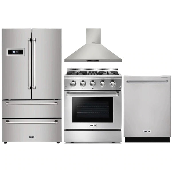 Thor Kitchen 4-Piece Pro Appliance Package - 30" Dual Fuel Range, French Door Refrigerator, Wall Mount Hood and Dishwasher in Stainless Steel