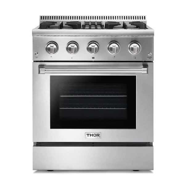 Thor Kitchen 4-Piece Pro Appliance Package - 30" Dual Fuel Range, Refrigerator with Water Dispenser, Dishwasher, and Microwave Drawer in Stainless Steel
