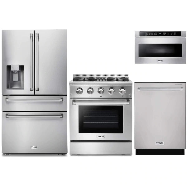 Thor Kitchen 4-Piece Pro Appliance Package - 30" Dual Fuel Range, Refrigerator with Water Dispenser, Dishwasher, and Microwave Drawer in Stainless Steel