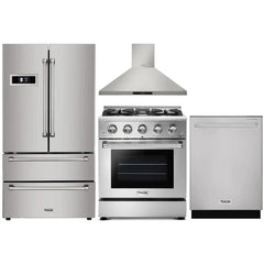 Thor Kitchen 4-Piece Pro Appliance Package - 30" Gas Range, French Door Refrigerator, Wall Mount Hood and Dishwasher in Stainless Steel