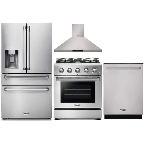 Thor Kitchen 4-Piece Pro Appliance Package - 30-Inch Gas Range, Refrigerator with Water Dispenser, Wall Mount Hood & Dishwasher in Stainless Steel