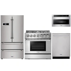 Thor Kitchen 4-Piece Pro Appliance Package - 36" Dual Fuel Range, French Door Refrigerator, Dishwasher, and Microwave Drawer in Stainless Steel