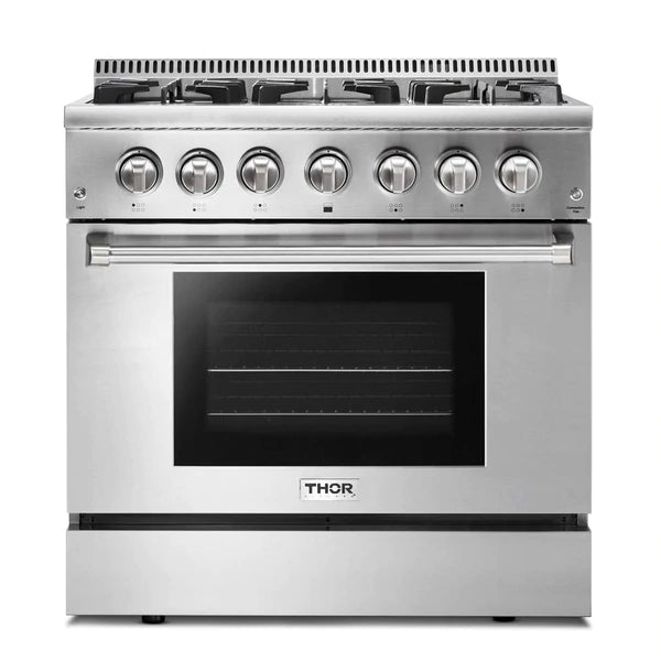 Thor Kitchen 4-Piece Pro Appliance Package - 36" Dual Fuel Range, French Door Refrigerator, Under Cabinet Hood and Dishwasher in Stainless Steel