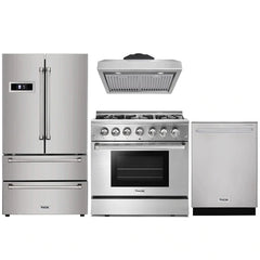 Thor Kitchen 4-Piece Pro Appliance Package - 36" Dual Fuel Range, French Door Refrigerator, Under Cabinet Hood and Dishwasher in Stainless Steel