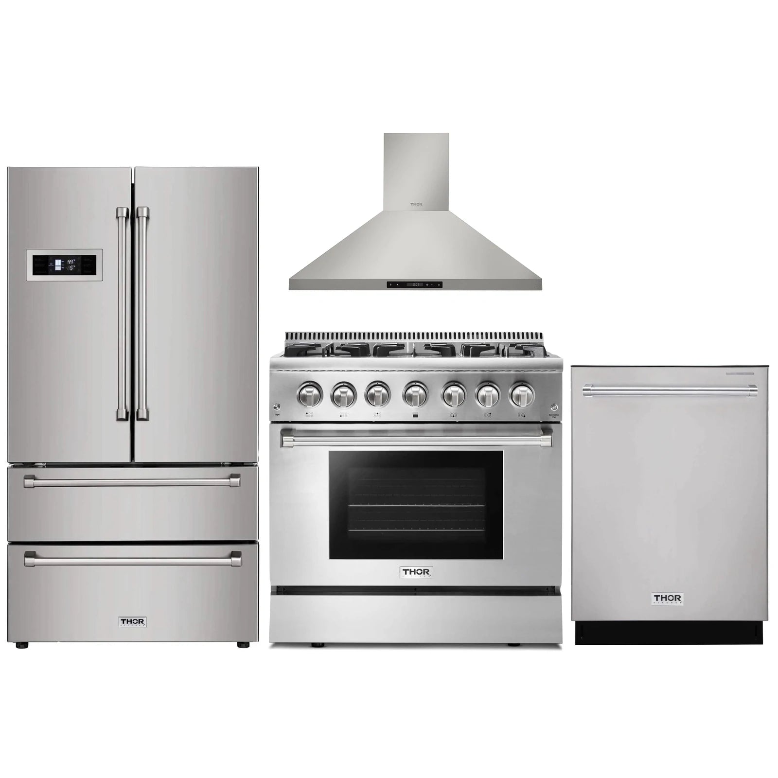 Thor Kitchen 4-Piece Pro Appliance Package - 36" Dual Fuel Range, French Door Refrigerator, Wall Mount Hood and Dishwasher in Stainless Steel