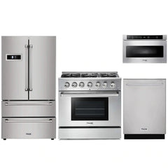 Thor Kitchen 4-Piece Pro Appliance Package - 36" Gas Range, French Door Refrigerator, Dishwasher, and Microwave Drawer in Stainless Steel