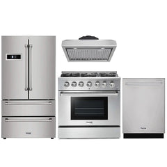 Thor Kitchen 4-Piece Pro Appliance Package - 36" Gas Range, French Door Refrigerator, Under Cabinet Hood and Dishwasher in Stainless Steel