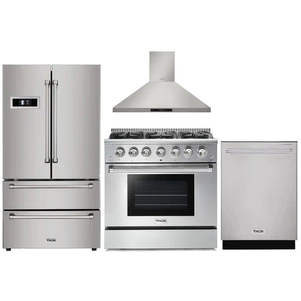 Thor Kitchen 4-Piece Pro Appliance Package - 36" Gas Range, French Door Refrigerator, Wall Mount Hood and Dishwasher in Stainless Steel