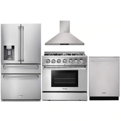 Thor Kitchen 4-Piece Pro Appliance Package - 36-Inch Dual Fuel Range, Refrigerator with Water Dispenser, Wall Mount Hood & Dishwasher in Stainless Steel