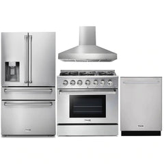 Thor Kitchen 4-Piece Pro Appliance Package - 36-Inch Gas Range, Refrigerator with Water Dispenser, Wall Mount Hood & Dishwasher in Stainless Steel