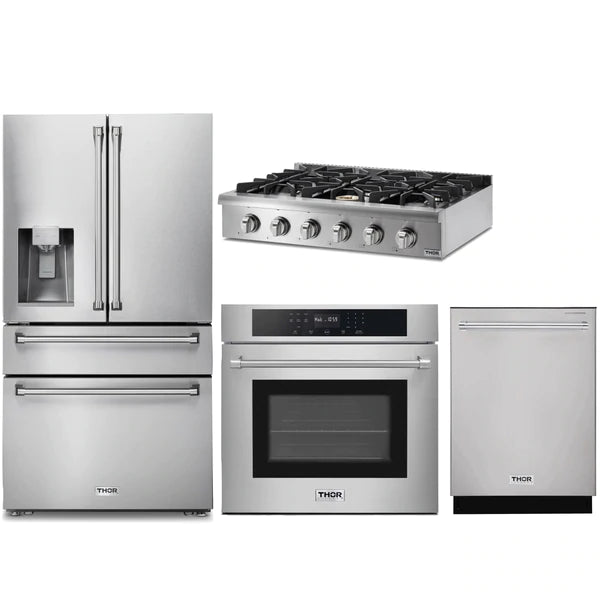 Thor Kitchen 4-Piece Pro Appliance Package - 36" Rangetop, Wall Oven, Refrigerator with Water Dispenser, & Dishwasher in Stainless Steel