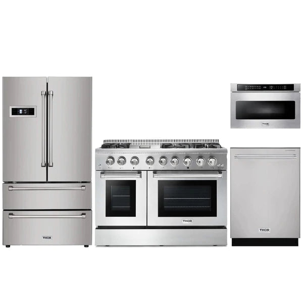 Thor Kitchen 4-Piece Pro Appliance Package - 48" Dual Fuel Range, French Door Refrigerator, Dishwasher, and Microwave Drawer in Stainless Steel