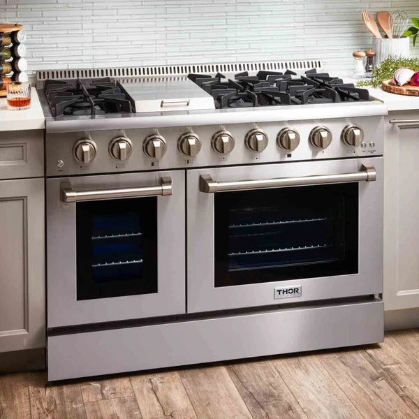 Thor Kitchen 4-Piece Pro Appliance Package - 48" Gas Range, French Door Refrigerator, Dishwasher, and Microwave Drawer in Stainless Steel