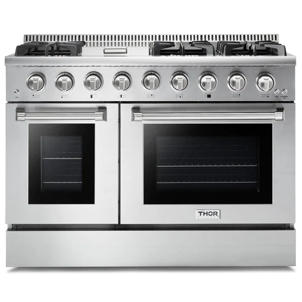 Thor Kitchen 4-Piece Pro Appliance Package - 48" Gas Range, French Door Refrigerator, Dishwasher, and Microwave Drawer in Stainless Steel