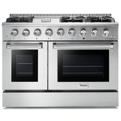 Thor Kitchen 4-Piece Pro Appliance Package - 48" Gas Range, French Door Refrigerator, Dishwasher, and Microwave Drawer in Stainless Steel