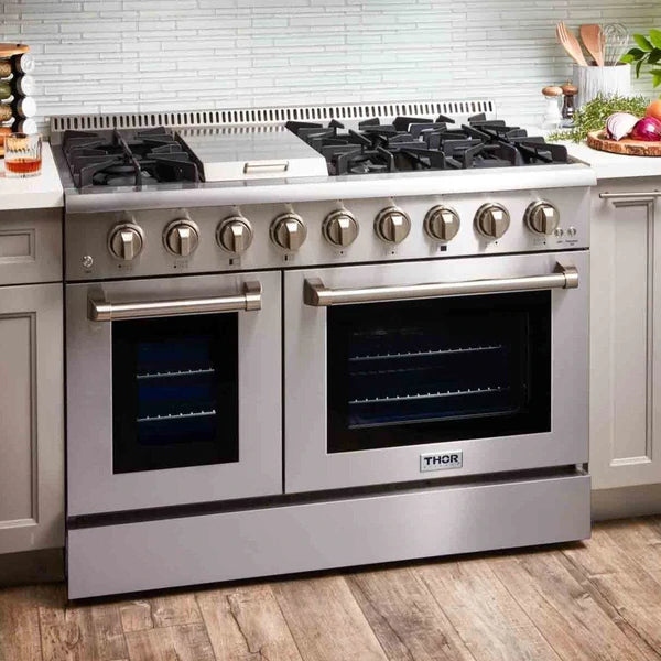 Thor Kitchen 4-Piece Pro Appliance Package - 48" Gas Range, Pro Wall Mount Hood, French Door Refrigerator, and Dishwasher in Stainless Steel