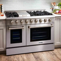 Thor Kitchen 4-Piece Pro Appliance Package - 48" Gas Range, Pro Wall Mount Hood, French Door Refrigerator, and Dishwasher in Stainless Steel