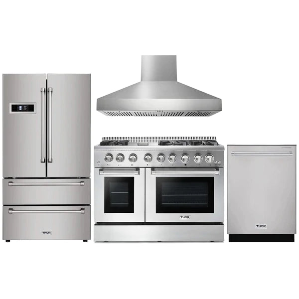 Thor Kitchen 4-Piece Pro Appliance Package - 48" Gas Range, Pro Wall Mount Hood, French Door Refrigerator, and Dishwasher in Stainless Steel