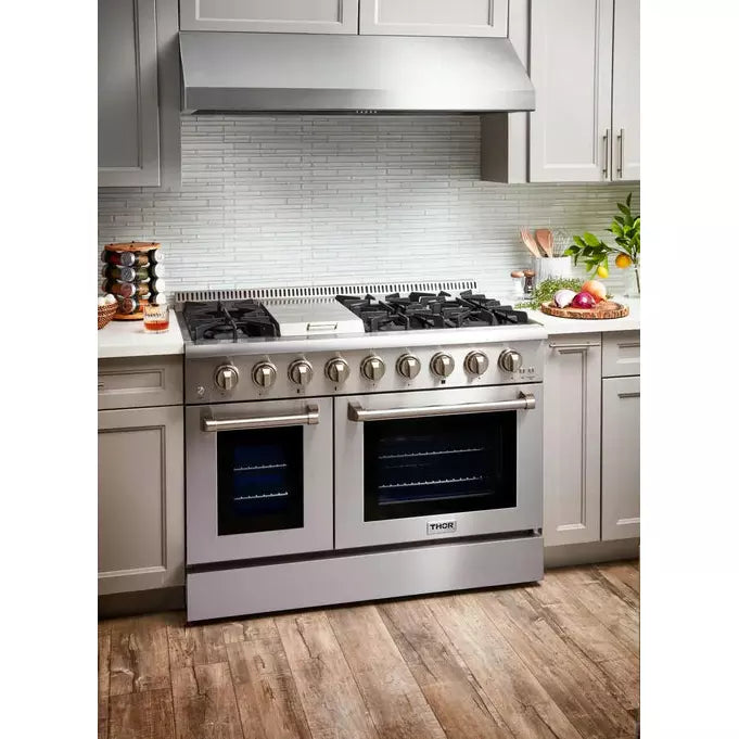 Thor Kitchen 4-Piece Pro Appliance Package - 48-Inch Dual Fuel Range, Refrigerator with Water Dispenser, & Dishwasher in Stainless Steel