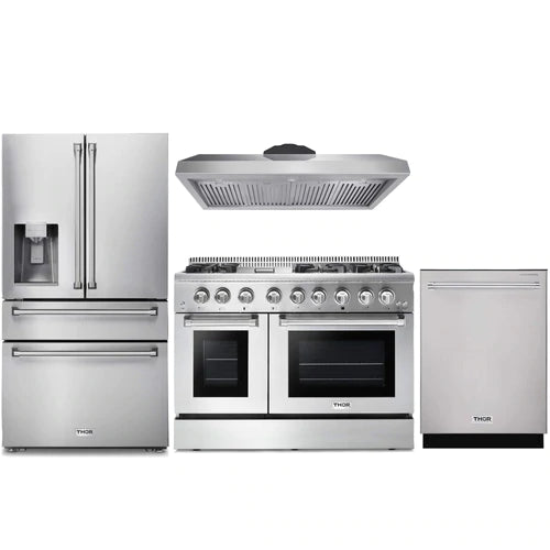 Thor Kitchen 4-Piece Pro Appliance Package - 48-Inch Dual Fuel Range, Refrigerator with Water Dispenser, & Dishwasher in Stainless Steel